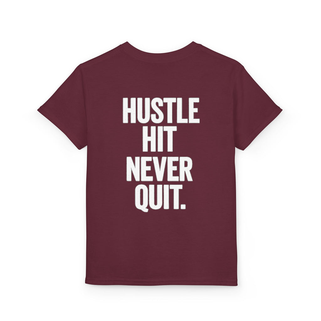 Youth Baseball T-Shirt — "Hustle Hit Never Quit"
