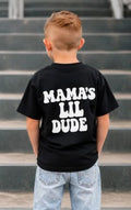 Mama's Lil Dude Youth T-Shirt — Retro Smiley Chest Logo