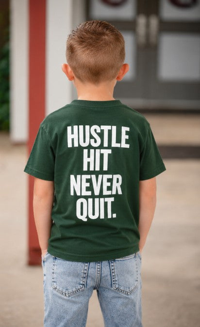 Youth Baseball T-Shirt — "Hustle Hit Never Quit"