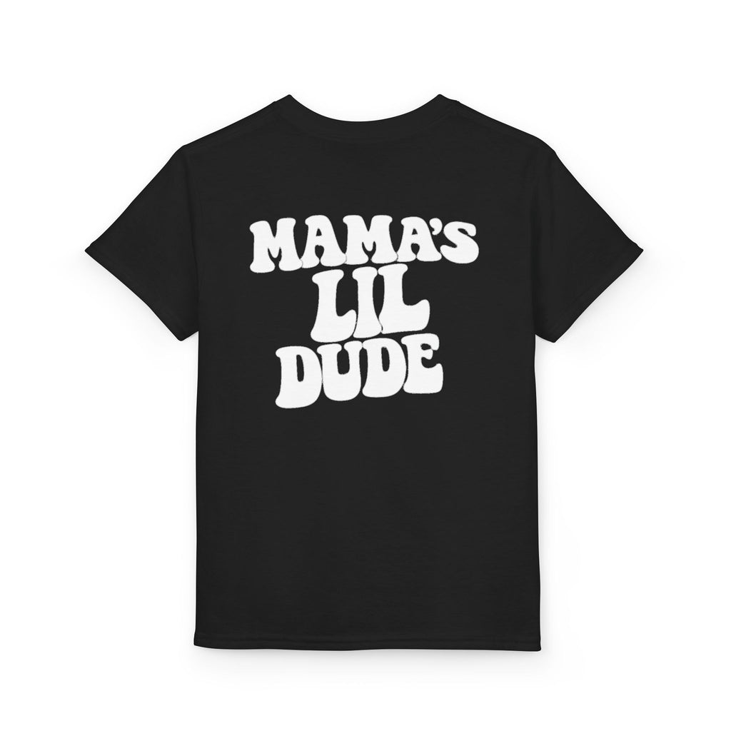 Mama's Lil Dude Youth T-Shirt — Retro Smiley Chest Logo