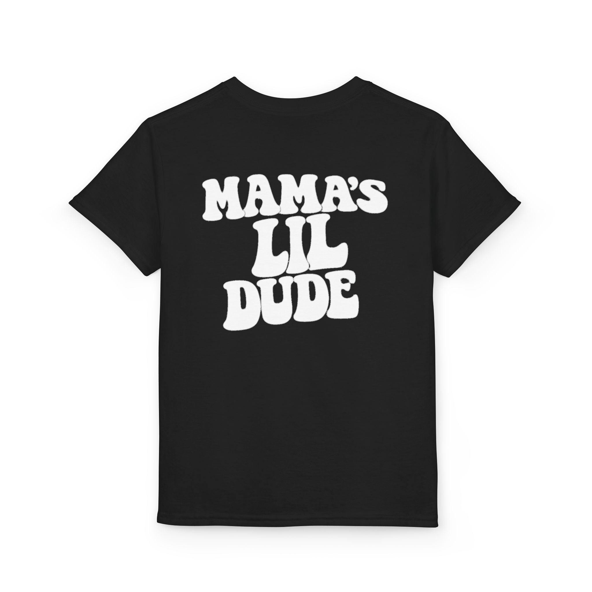 Mama's Lil Dude Youth T-Shirt — Retro Smiley Chest Logo