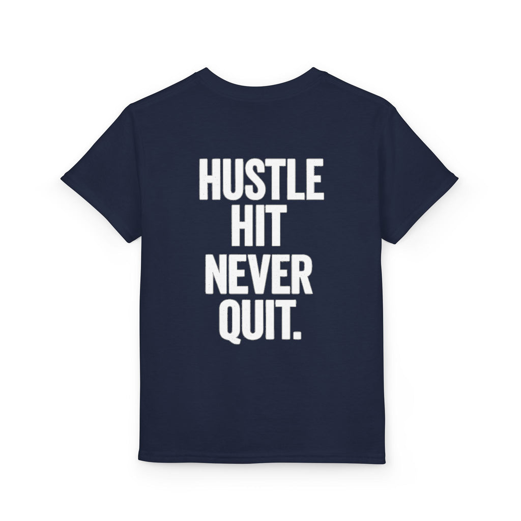 Youth Baseball T-Shirt — "Hustle Hit Never Quit"