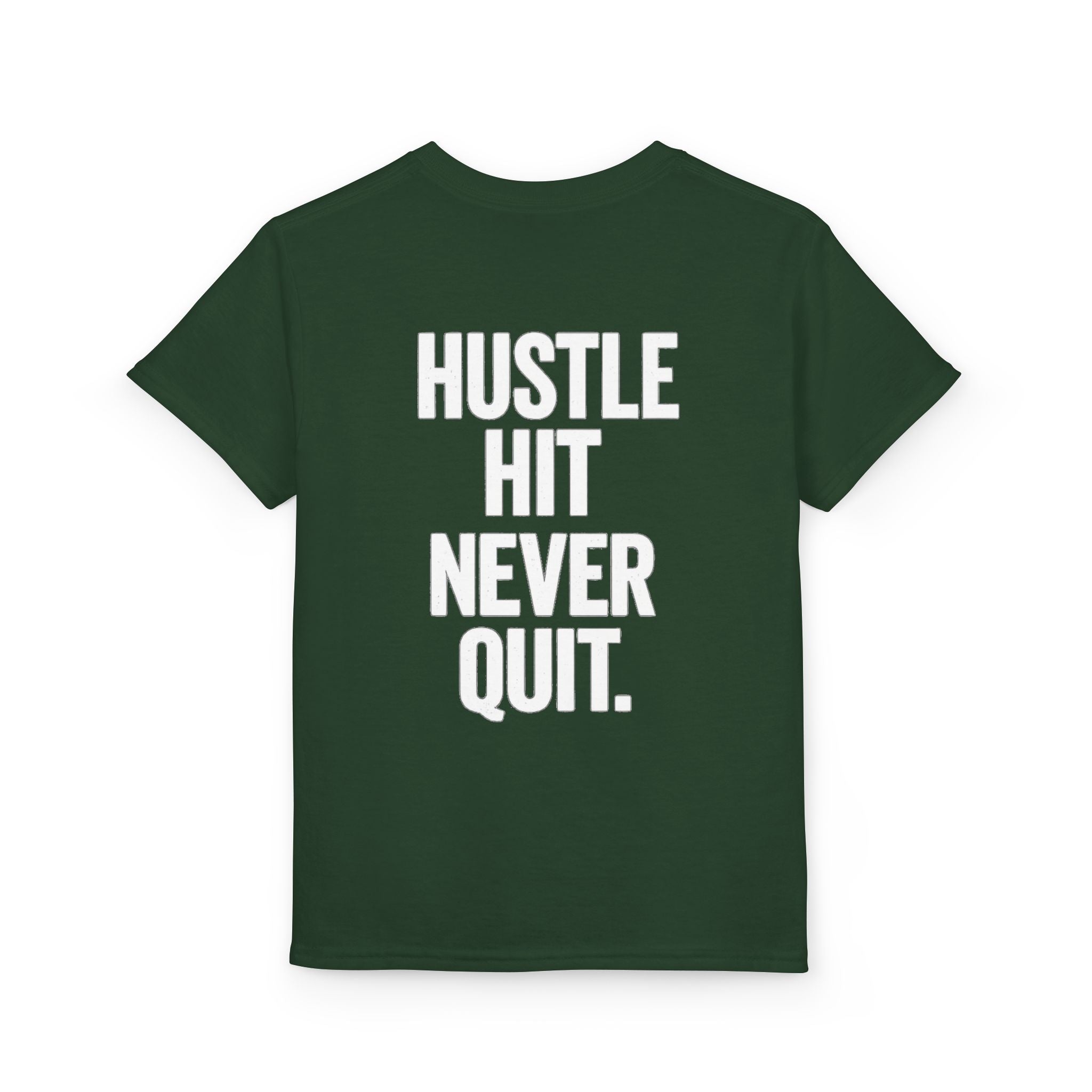 Youth Baseball T-Shirt — "Hustle Hit Never Quit"