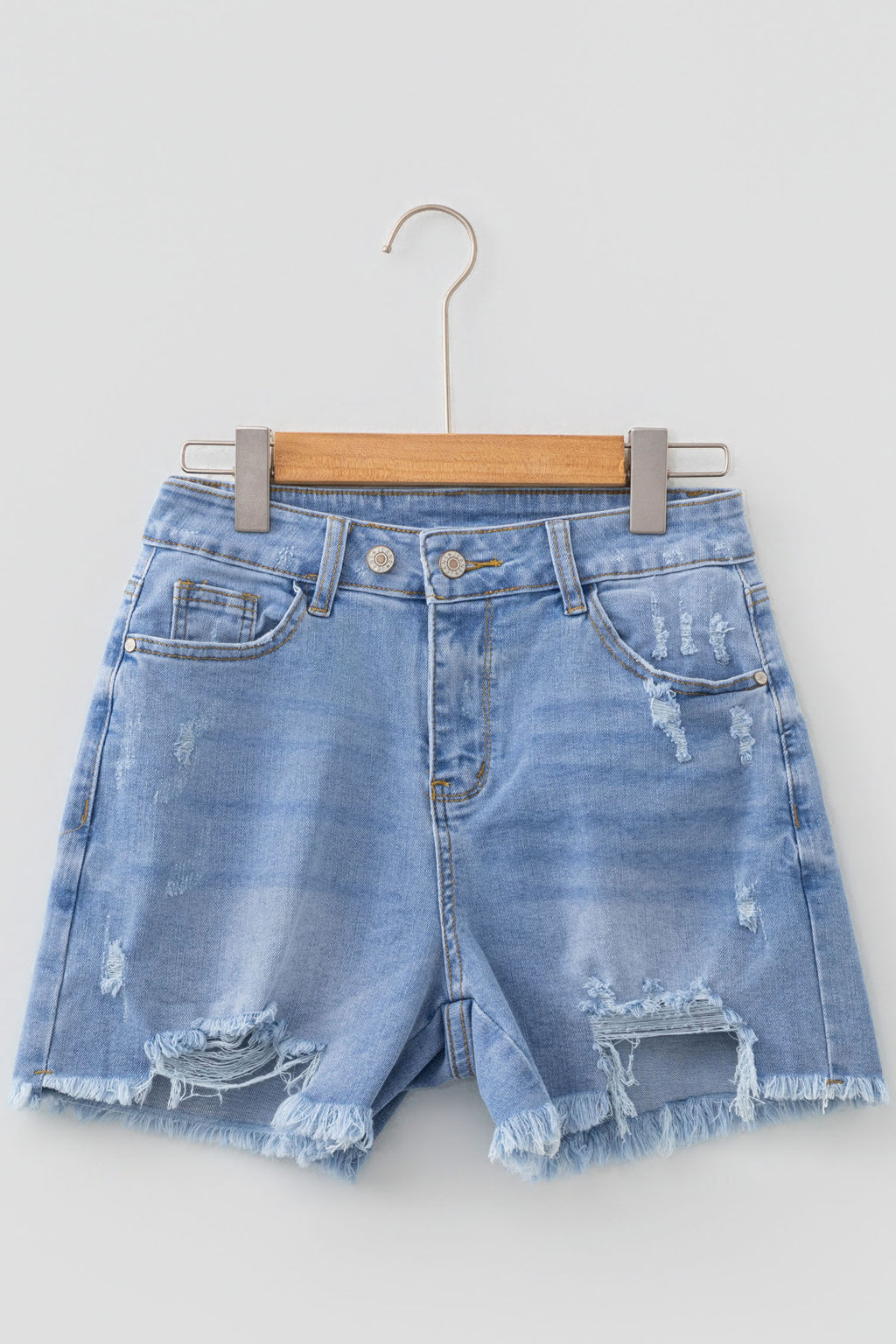 Sail Blue Asymmetric Raw Hem Distressed Whiskery Denim Shorts